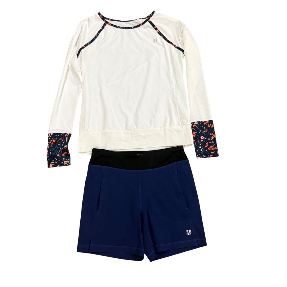 Eleven by Venus Williams Womens 2 Piece Set White Long Sleeve Top Navy Shorts S